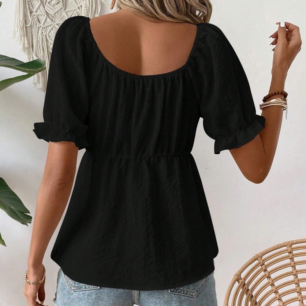 Wrap Short Sleeve Shirt With Sweetheart Neckline And Ruffled Hem, Summer - Picture 5 of 5
